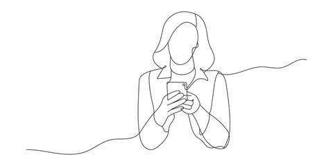Continuous line drawing of woman hold the mobile phone reading or receiving a message. Hand drawn single line vector illustration