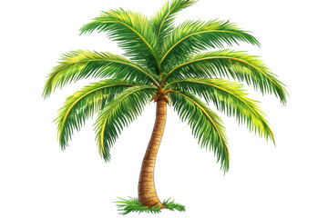 Tropical palm tree with lush green fronds captured in bright sunlight at a beach location