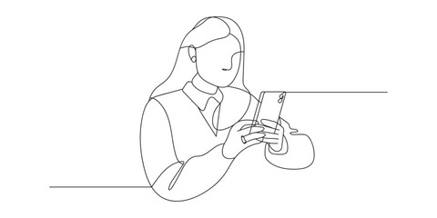 Continuous line drawing of woman hold the mobile phone reading or receiving a message. Hand drawn single line vector illustration