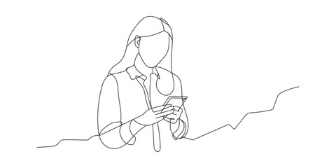 Continuous line drawing of woman hold the mobile phone reading or receiving a message. Hand drawn single line vector illustration