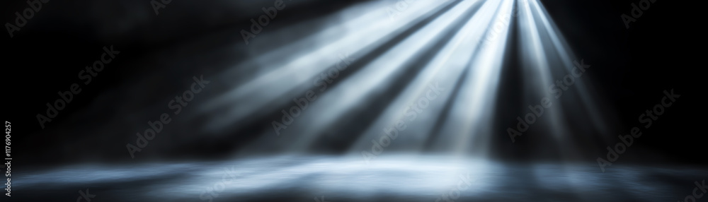 Poster a serene beam of light cutting through darkness, creating a mystical atmosphere and enhancing visual