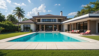 Fototapeta premium Luxury Villa with Pool and Palm Trees: A sprawling, modern villa with a pristine pool and lush greenery, exuding an aura of tranquility and sophistication.