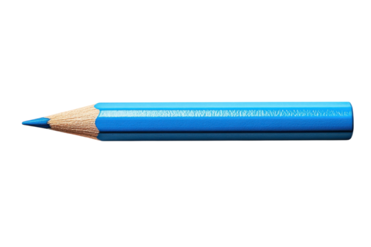 Vibrant blue colored pencil resting on a flat surface with a sharp tip ready for use in creative projects