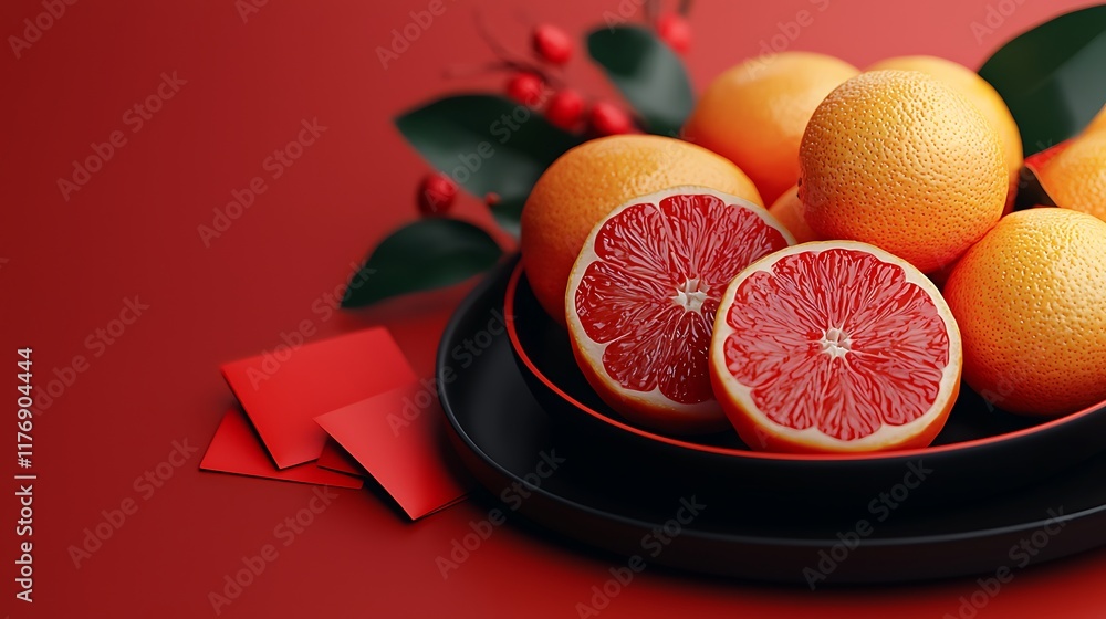 Poster a vibrant display of oranges and blood oranges on a red background, complemented by green leaves and