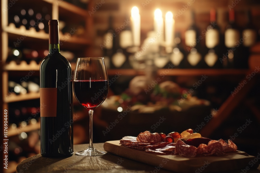 Aufkleber Elegant wine cellar with vintage bottles and a tasting table featuring red wine and charcuterie board. Generative AI
