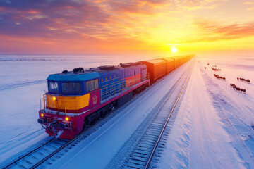 Freight train crossing snowy plains under golden sunrise with distant horses