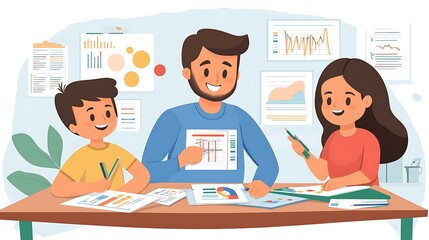 Parents teaching their children about budgeting with charts and diagrams at a well-organized desk