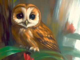 A majestic owl perches gracefully on a sturdy tree branch, its piercing eyes shining with wisdom and mystery. The owl’s intricate plumage is richly detailed, with a mix of earthy colors—shades of brow