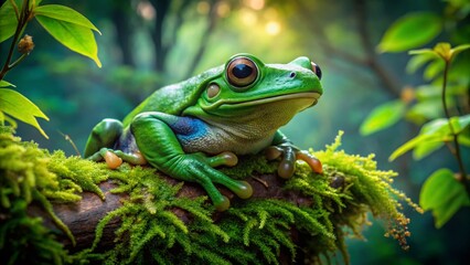 Green Tree Frog on Lush Tropical Leaves and Branch - Surreal Photography