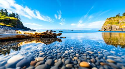 A serene coastal scene with clear blue skies, smooth stones, and calm waters reflecting the surrounding cliffs.
