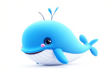 Fototapeta premium Adorable blue cartoon whale with a happy expression, featuring tiny antennas and a rounded shape, set against a white background. Concept of joy, fun. Ai generative