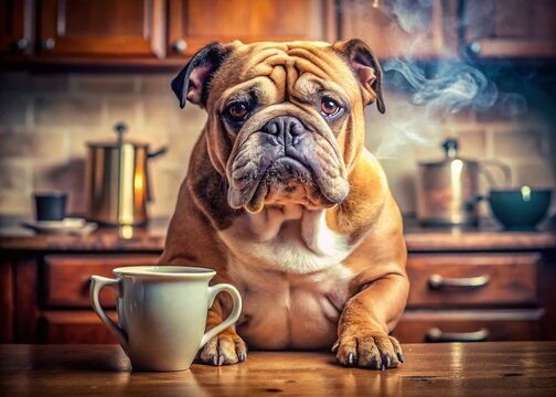 Grumpy Bulldog with Coffee Mug - Funny Pet Photo