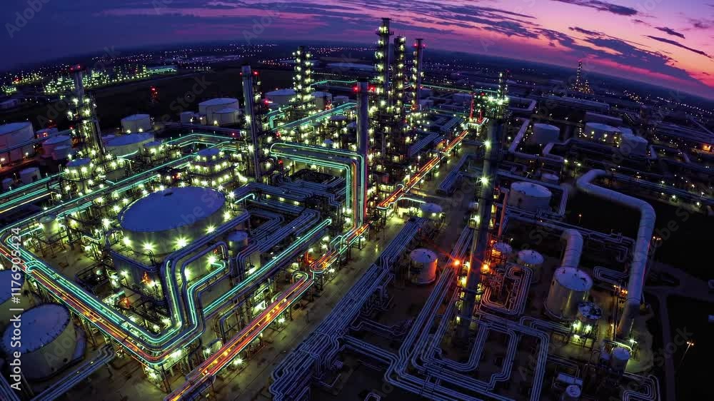 Poster night view of an industrial complex with illuminated structures and intricate piping systems in a ma