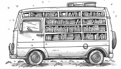 A vintage van transformed into a mobile library filled with books. Perfect for book fairs, festivals, or community events promoting literacy and reading.