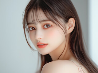 美肌の若くて可愛いアジア人女性モデルの美容ポートレート。流行りのメイクをした若者向けの写真。