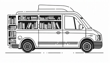 Mobile library van with bookshelves visible through window. Perfect for educational programs or community outreach projects.