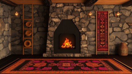 Rustic Stone Fireplace Room with Intricate Rug and Warm Decor