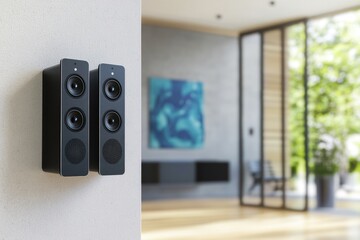 Modern wireless speakers enhance the interior design of a stylish living room space