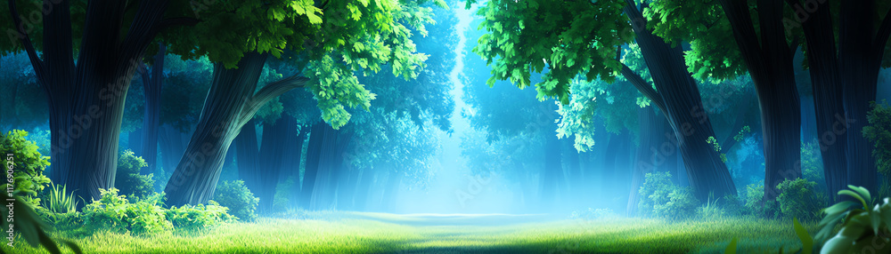 Poster a serene forest scene filled with vibrant trees and soft, diffused light creating a tranquil atmosph