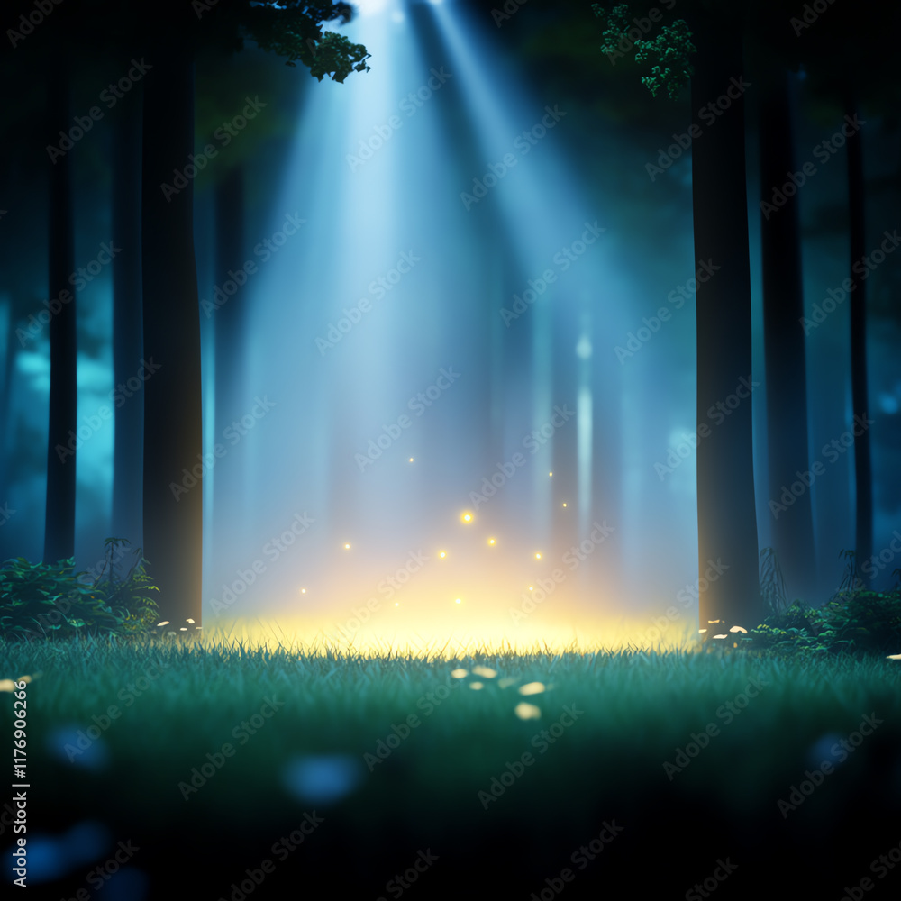Poster a serene forest scene illuminated by beams of light, creating a magical atmosphere with soft, glowin