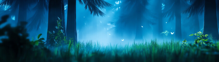 Obraz premium A serene forest scene enveloped in mystic blue light, showcasing lush grass and ethereal ambiance for nature lovers.