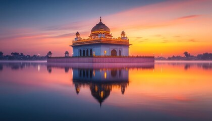 Obraz premium Sunrise Mosque Reflection, Calm Lake, India, Travel