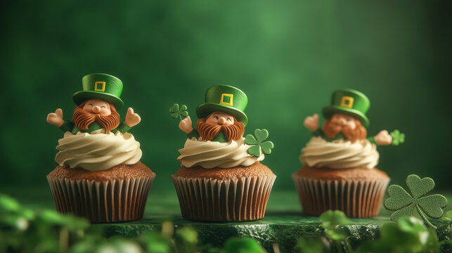 Homemade cupcakes decorated with cream, shamrocks and leprechauns for St. Patrick's Day - Powered by Adobe