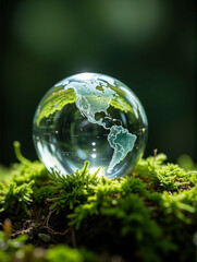 Glass Globe on Green Moss in Nature: Concept for Environment and Conservation