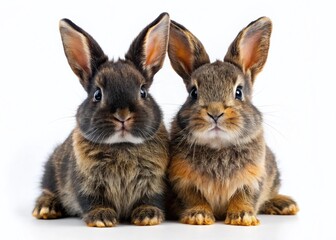 Fototapeta premium Happy Easter Bunnies: Two Adorable Brown & Black Rabbits Sitting on White Background