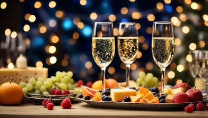 Still life shot of empty champagne flutes served with fruit and cheese platters on festive dinner table while Christmas lights glowing in blurred background, copy space
