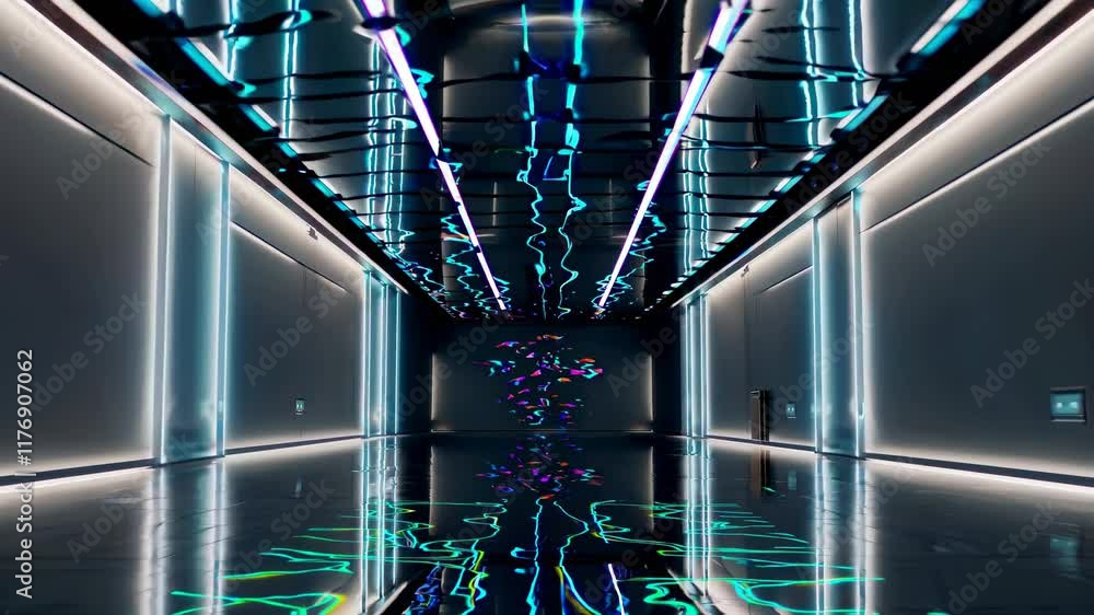 Poster modern corridor illuminated with colorful neon lights and reflections on shiny floor