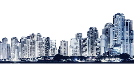 Nighttime urban skyline with skyscrapers isolated on transparent white