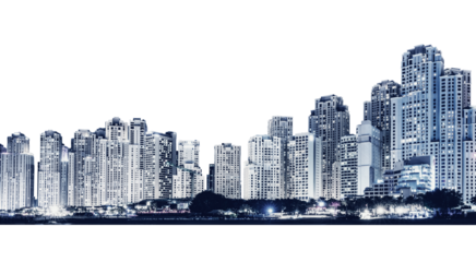 Nighttime urban skyline with skyscrapers isolated on transparent white
