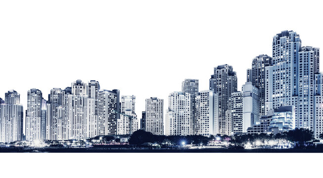 Nighttime urban skyline with skyscrapers isolated on transparent white