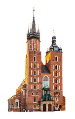St. Mary's Basilica on the old town of Cracow, Poland isolated on white