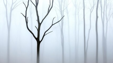 Fototapeta premium Misty forest with bare trees creating a serene atmosphere.