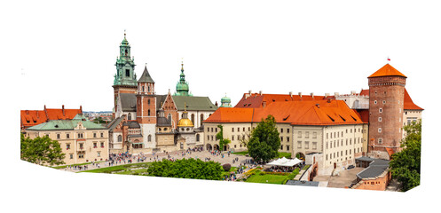 Wawel Royal Castle and Cathedral isolated on transparent white png in Cracow, Poland
