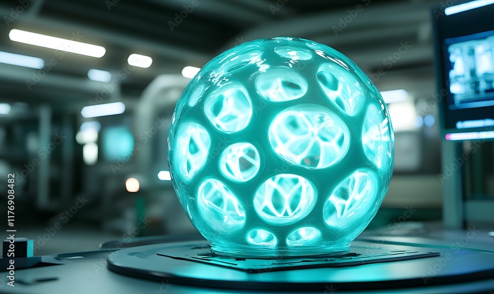 Poster luminous orb on lab table.