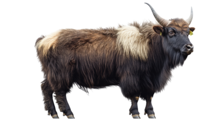 Majestic Yak: A striking profile of a majestic yak, its thick, shaggy coat and impressive horns showcasing its rugged beauty and wild spirit. The yak stands confidently.