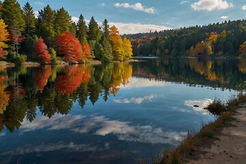 Autumn trees and their shadows in water.