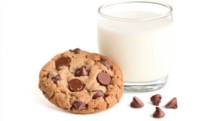 A delicious chocolate chip cookie beside a glass of milk.