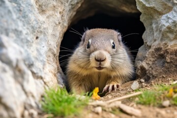 Groundhog peeking out of its burrow in nature, observing surroundings