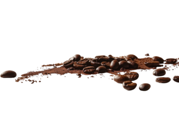 Coffee beans and ground coffee displayed together on a white background emphasizing freshness and quality