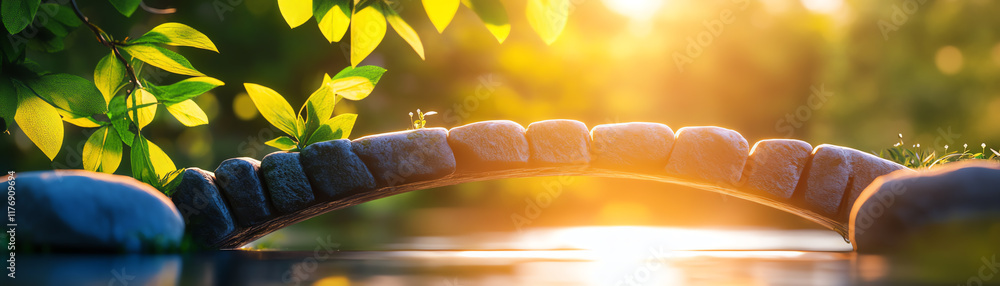 Poster a serene stone bridge arches over a tranquil stream, surrounded by lush greenery and illuminated by 
