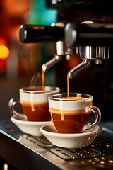 Two espresso cups being filled from a coffee machine.