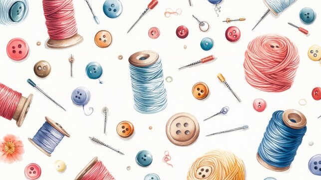 Hand-painted sewing notions collection, traditional crafting tools, scattered wooden button details, metallic sewing pins with colorful heads, artisanal thread spools, natural fiber yarns, delicate