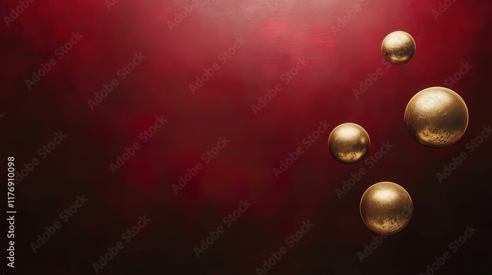 Poster golden orbs floating against deep crimson red background abstract digital design studio environment 
