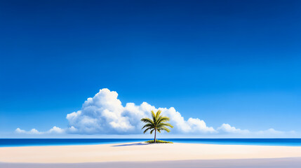 Obraz premium A serene tropical beach scene featuring a single palm tree on white sand under a bright blue sky and fluffy clouds.