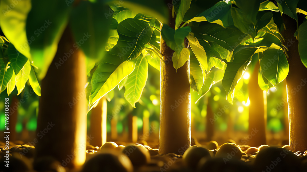 Poster a serene view of a lush forest with sunlight filtering through vibrant green leaves, creating a tran