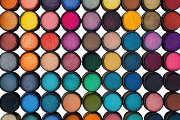 Colorful arrangement of circular makeup palettes in vibrant shades displayed on a white background